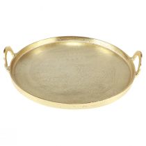 kohteita Tarjotin pyöreä kultainen metallitarjotin kahvalla 38×35×6,5 cm