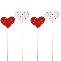 Sydämet punavalkoiset pilkulliset kukkatulpat puiset 6×5cm 18kpl