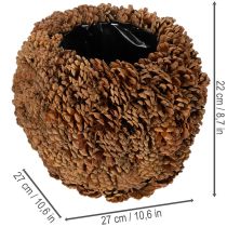 kohteita Koristeellinen istutusruukku käpyillä, luonnollinen ulkonäkö, 27 cm. Pyöreä käpyruukku, luonnonruskea, tehty kävyistä, 27 cm x 22 cm.
