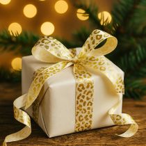 kohteita Leopardikuvioinen silkkinauha, kermanvärinen, kulta, 15 mm, 18 m