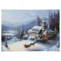 LED seinämaalaus talvimaisema kirkon kanssa 38×28cm Akulle