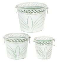 kohteita Kohokuvioitu metallinen ruukku kahvoilla, valkoinen ja vihreä, shabby chic -tyyli, korkeus 22/19,5/17,5 cm, halkaisija 25,5/20,5/15,5 cm, 3 kpl setti