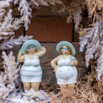 Koristeelliset naiset rannalla, kesäkoristeita, uimafiguurit hatulla sininen/valkoinen H15/15,5cm 2 kpl setti