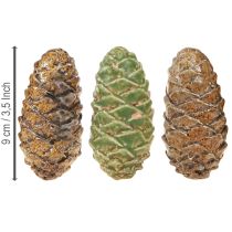 kohteita Koristeelliset keraamiset käpyjä, sekoitus vihreää, keltaista, ruskeaa, 8,5 cm, 6 kpl
