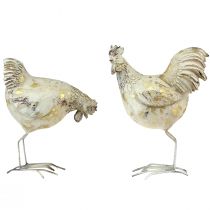 Koristeelliset kanat White Gold Rooster Hen Vintage L13cm 2kpl