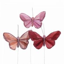 Deco-perhonen langalla höyhenperhonen pinkki 10×6cm 12kpl