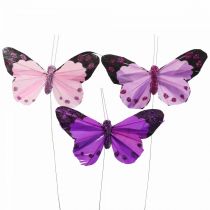 Deco-perhonen langalla höyhenperhoset purppura/pinkki 9,5cm 12kpl