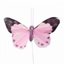 Deco-perhonen langalla höyhenperhoset purppura/pinkki 9,5cm 12kpl