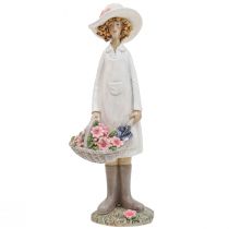 kohteita Koristefiguurit puutarhurin koristelu nainen kukilla valkoinen vaaleanpunainen H21cm