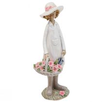 kohteita Koristefiguurit puutarhurin koristelu nainen kukilla valkoinen vaaleanpunainen H21cm