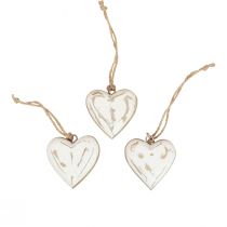 Deco ripustin puiset puiset sydämet nature white gold vintage 6cm 8kpl