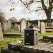 kohteita Lyhty hautavalo risti-ikkuna metalli antiikkiharmaa 13 x 27 cm