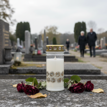 kohteita Hautakynttilä valkoisia ruusuja kultainen suruvalo Ø7cm K18cm 77h