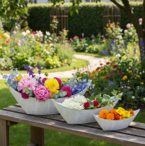 kohteita Kukkaruukku, veneenmuotoinen, metalli, valkoinen/hopea, 54,5/48/42 cm, 3 kpl:n setti