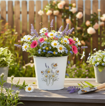 kohteita Kukkaruukku metallinen istutuskone valkoiset kukat 12,5cm K11,5cm