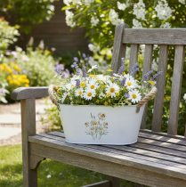 kohteita Koristeellinen soikea metallikulho, valkoinen, luonnonkukilla koristeltuna, P26cm