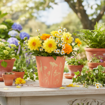 kohteita Kukkaruukku kukkakoristeella, aprikoosinkeltainen, Ø10.5cm K10.5cm