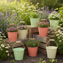 kohteita Ämpäri kahvalla, istutuslaatikko, pastellivärinen metalli, Ø10cm K8cm, 10 kpl