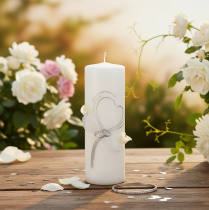 kohteita Juhlava hääkynttilä tyylikkäällä sydändesignilla, hopeisilla koristeilla ja organzanauhalla – ihanteellinen häihin ja hopeisiin hääpäiviin, 240/80 mm