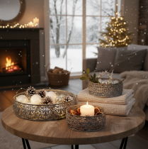 kohteita Koristeellinen metallikulho, harmaa ja valkoinen kuvio, Ø16/19,5/23,5 cm, 3 kpl:n setti