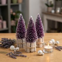 kohteita Koristeellinen violetti joulukuusi, jossa lumikärki, maalaismaisella puujalustalla 15 cm, 3 kpl.