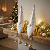 kohteita Gnome Christmas koristefiguuri valkoinen, kulta Ø6,5cm K22cm 2 kpl