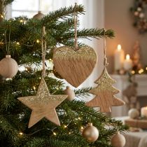 kohteita Joulukoristeita tähti / sydän / puu, puinen riipus, adventtikoristeet H10/12,5cm 3kpl