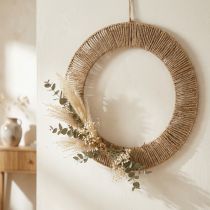 kohteita Kesäinen seinäkoriste, boheemi, juuttia ja metallia, Ø49cm, riippuva koriste, kuivakukkaseppele, vintage-tyyli