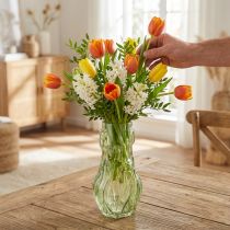 kohteita Lasimaljakko kohokuvioidulla tulppaanikuviolla harmoniseen huoneen sisustukseen, 30 cm
