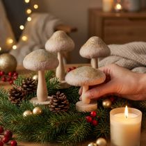 kohteita Koristeelliset puiset ja huovasta tehdyt sienet kimalluksella, adventtipöytäkoriste, 11 cm korkea, 4 kpl