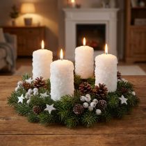 kohteita Adventtikynttiläsetti, lumipallokuvio, valkoinen – pylväskynttilät 100/60 mm adventtiseppeleeseen ja joulukoristeisiin, 4 kpl pakkaus