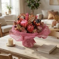kohteita Kuivakukkasekoitus: Vaaleanpunainen protea, artisokka, unikko, luonnonkoristeet, 38 cm, 580 g