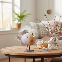 kohteita Koristeellinen puinen lintu höyhenillä ja värikkäällä vartalolla pöytäkoristeeseen, 10 cm, 6 kpl