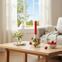 kohteita Metallinen kynttilänjalka mansikkakoristeella, kesäkerma, korkeus 13 cm