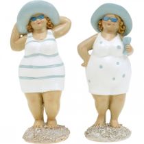 Koristeelliset naiset rannalla, kesäkoristeita, uimafiguurit hatulla sininen/valkoinen H15/15,5cm 2 kpl setti