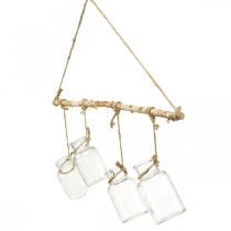 kohteita Puinen ikkunakoriste roikkuvilla lasimaljakoilla kukka-asetelmia varten