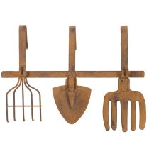 kohteita Koukkukisko puutarhatyökaluille, puutarhakoristeille, haravalle, lapiolle ja kuokalle; metallinen naulakko ruosteisesta metallista, pituus 33,5 cm