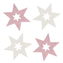 Puinen tähti 3,5 cm vaaleanpunainen / valkoinen kimalluksella 72kpl