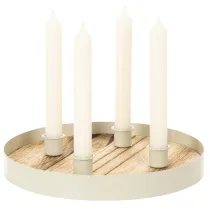 kohteita Kynttilänjalka neljälle kartiokynttilälle, pyöreä puinen tarjotin, 25 cm