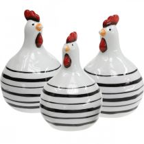 kohteita Koristeellinen Chicken Ceramic White mustilla raidoilla pyöreä Ø 7cm K11cm 3 kpl