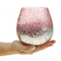 Lasinen lyhty, teekynttilän pidike, pöydän koriste, kynttilä lasi vaaleanpunainen/hopea Ø15cm K15cm