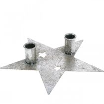 Kynttiläkoristelutähti, metallikoristeet, kynttilänjalka 2 kartiokynttilälle hopea, antiikkinäkö 23cm × 22cm