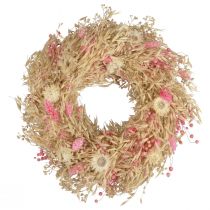 Koristeellinen seppele kauraseppele luonnollinen seppele olkikukat pinkki Ø29cm