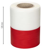 kohteita Valkoinen ja punainen moiré-seppelenauha, 125 mm - surunauha, koristenauha, rusettinauha, juhlanauha, 25 m rulla