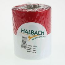 kohteita Valkoinen ja punainen moiré-seppelenauha, 125 mm - surunauha, koristenauha, rusettinauha, juhlanauha, 25 m rulla