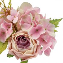 Keinotekoinen kimppu, hortensiakimppu ruusuilla vaaleanpunainen 32cm