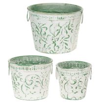 kohteita Metalliset ruukut kahvoilla, istutusastiat kohokuvioinnilla, valkoinen, vihreä, shabby chic -kuvio, korkeus 20,5/18,5/16 cm, halkaisija 25,5/20,5/15,5 cm, 3 kpl setti