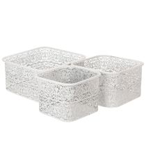 kohteita Metalliset pitsikuvioiset kulhot, koristeellinen rasia, neliönmuotoinen, shabby chic, valkoinen, 27/23/19 cm, korkeus 13,5 cm, 3 kpl setti