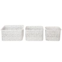 kohteita Metalliset pitsikuvioiset kulhot, koristeellinen rasia, neliönmuotoinen, shabby chic, valkoinen, 27/23/19 cm, korkeus 13,5 cm, 3 kpl setti