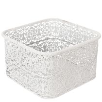 kohteita Metalliset pitsikuvioiset kulhot, koristeellinen rasia, neliönmuotoinen, shabby chic, valkoinen, 27/23/19 cm, korkeus 13,5 cm, 3 kpl setti